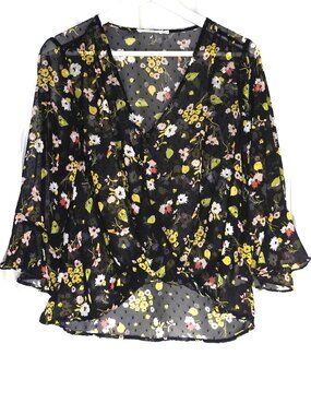 Lush black floral bell sleeve sheer blouse